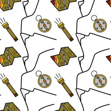 Seamless pattern flat drawings of hiking, camping Stock Illustration