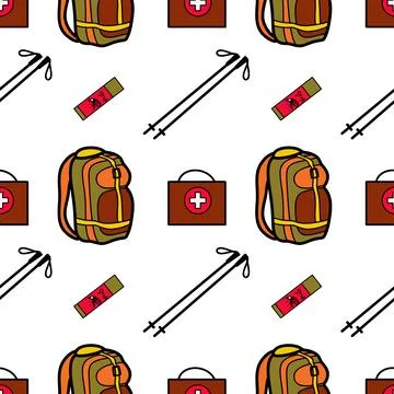 Seamless pattern flat drawings of hiking, camping Stock Illustration