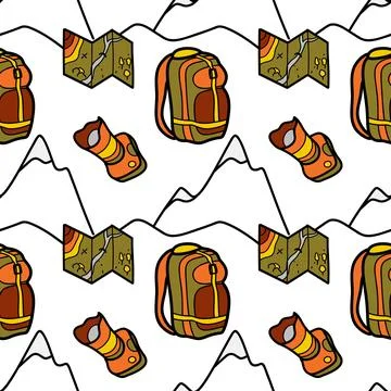 Seamless pattern flat drawings of hiking, camping Stock Illustration