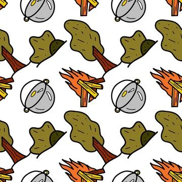 Seamless pattern flat drawings of hiking, camping Stock Illustration