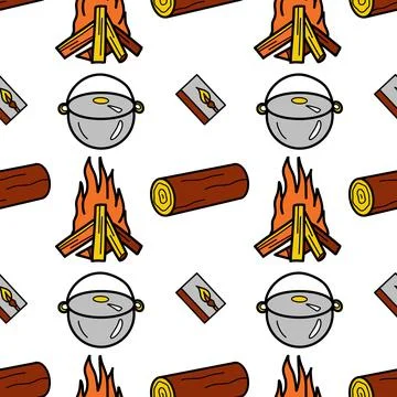 Seamless pattern flat drawings of hiking, camping Stock Illustration