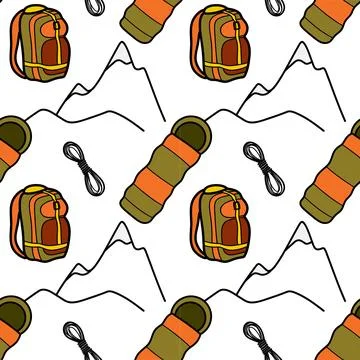 Seamless pattern flat drawings of hiking, camping Stock Illustration