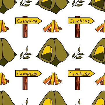 Seamless pattern flat drawings of hiking, camping Stock Illustration