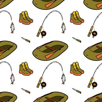 Seamless pattern flat drawings of hiking, camping Stock Illustration