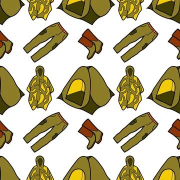 Seamless pattern flat drawings of hiking, camping Stock Illustration