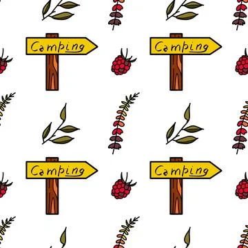 Seamless pattern flat drawings of hiking, camping Stock Illustration