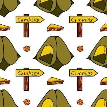 Seamless pattern flat drawings of hiking, camping Stock Illustration