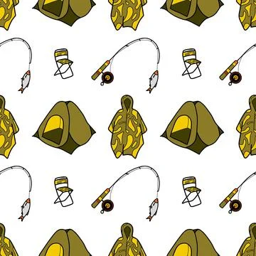 Seamless pattern flat drawings of hiking, camping Stock Illustration
