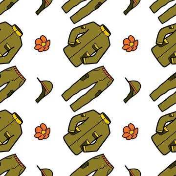 Seamless pattern flat drawings of hiking, camping Stock Illustration