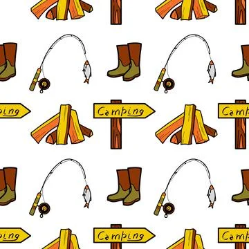 Seamless pattern flat drawings of hiking, camping Stock Illustration