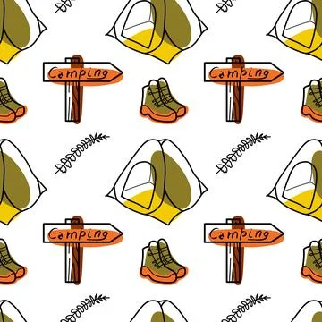 Seamless pattern flat drawings of hiking, camping vector Stock Illustration