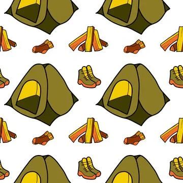 Seamless pattern flat drawings of hiking, camping Stock Illustration