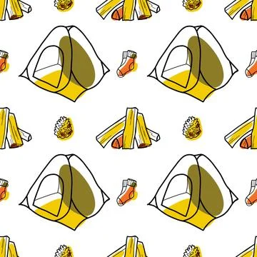 Seamless pattern flat drawings of hiking, camping vector Stock Illustration