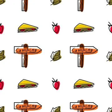 Seamless pattern flat drawings of hiking, camping vector Stock Illustration