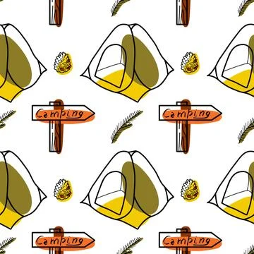 Seamless pattern flat drawings of hiking, camping vector Stock Illustration