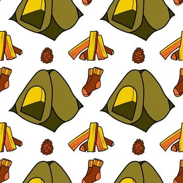 Seamless pattern flat drawings of hiking, camping Stock Illustration