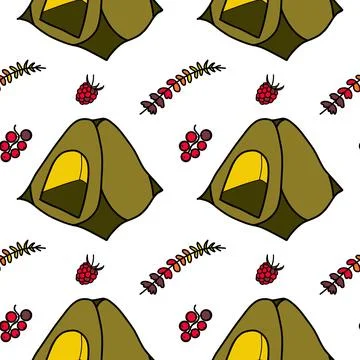 Seamless pattern flat drawings of hiking, camping Stock Illustration
