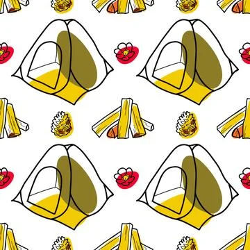 Seamless pattern flat drawings of hiking, camping vector Stock Illustration