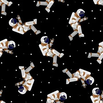 Seamless pattern Flat Funny flying astronaut in space with stars. Space print Stock Illustration