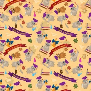 Seamless pattern flat illustration on school theme, bird owl holding a variet Stock Illustration
