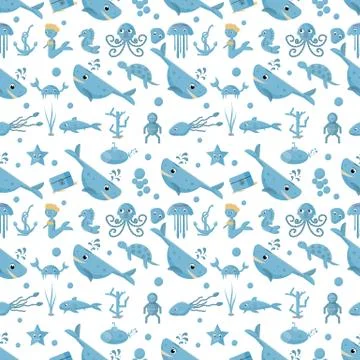 Seamless pattern flat illustration on the theme of marine life, underwater li Stockillustratie