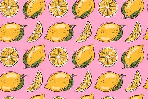 Seamless pattern of flat lemon with slice and leaf on a pink background. Perfect Illustrazione stock