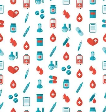 Seamless Pattern with Flat Medical Icons, Repeating Backdrop Illustrazione stock
