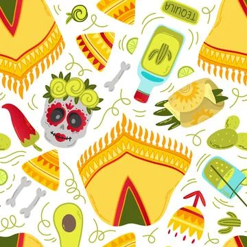 Seamless pattern flat Mexican poncho, skull, food Stock Illustration