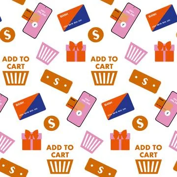 Seamless pattern with Flat Online shopping Concept Elements Isolated on white Stock Illustration