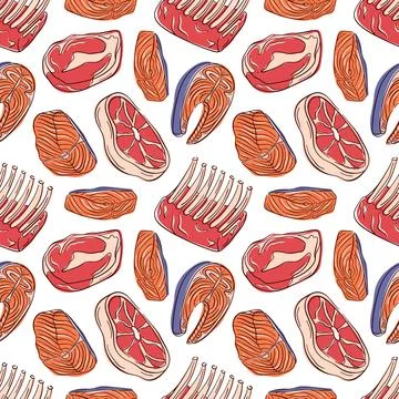 Seamless pattern with flat pieces of meat and fish, steak, ribs and salmon on Stock Illustration