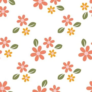 Seamless pattern of flat pink flowers and green leaves on a white backgroun.. Stock Illustration