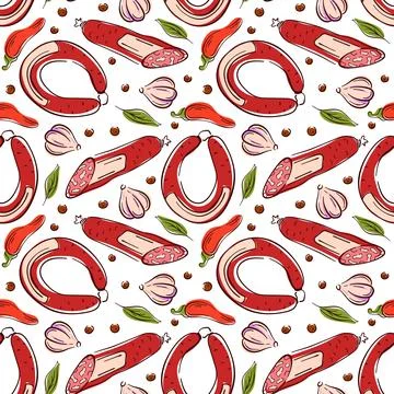 Seamless pattern with flat sausage, garlic, chili pepper, herbs and spice Stock Illustration