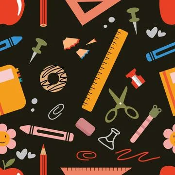 Seamless pattern of flat school supplies and back to school elements on a d.. Illustrazione stock