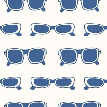 Seamless pattern with flat style blue sunglasses on light background. Travel or Stock Illustration