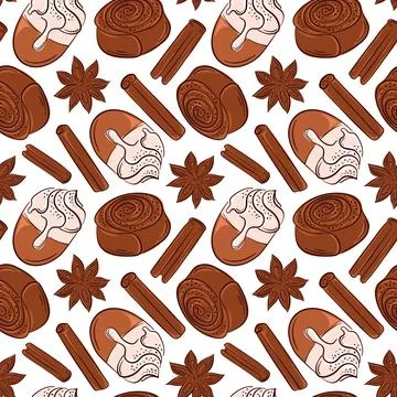 Seamless pattern with flat style cinnamon roll, stick, latte with whipped cream Stock Illustration