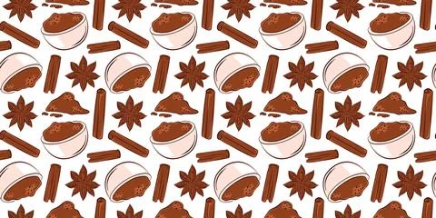 Seamless pattern with flat style cinnamon stick, star anise, spice powder in Stock Illustration