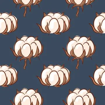 Seamless pattern with flat style cotton plant on dark blue background Stock Illustration