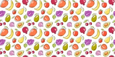Seamless pattern with flat style fruit, mango, banana, apple, pomegranate Stock Illustration