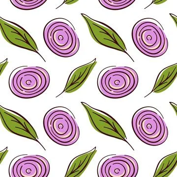 Seamless pattern with flat style onion ring and herb leaf on white background Stock Illustration