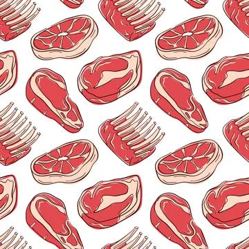 Seamless pattern with flat style raw meat cut, steak, ribs and lamb white Stock Illustration