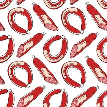 Seamless pattern with flat style sausage and salami on white background. Perfect Stock Illustration