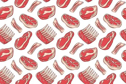 Seamless pattern of flat style steak, bacon, ribs and meat cut on white Stock Illustration