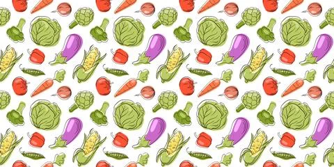 Seamless pattern with flat style vegetable, cabbage, artichoke, broccoli, corn Stock Illustration