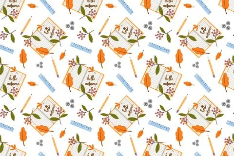 Seamless pattern. Flat vector with colorful set of school or office items Stock Illustration