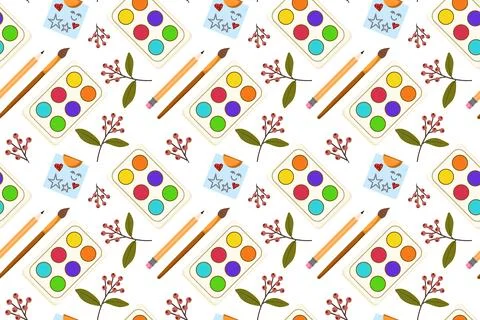 Seamless pattern. Flat vector with colorful set of school or office supplies Stock Illustration