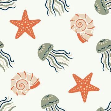 Seamless pattern with flat vector illustrations of sea creatures Stock Illustration