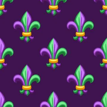 Seamless pattern with fleur de lis in Mardi Gras colors. Stock Illustration