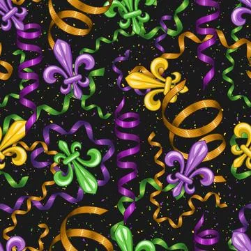 Seamless pattern with fleur de lis, ribbons. Mardi gras carnival design Stock Illustration