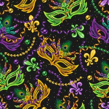 Seamless pattern with fleur de lis, strings of beads, serpentine, mask, con.. Stock Illustration