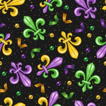 Seamless pattern with fleur de lis, beads, confetti. Mardi gras carnival de.. Stock Illustration